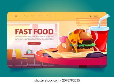 Fast food cartoon landing page, junk meals burger, pizza slice, donut and cola in red cup stand on plastic tray in takeaway fastfood restaurant, cafe or bistro interior, combo menu Vector web banner