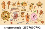 Fast food cartoon retro groovy characters, funky burgers and pizza, vector personages. Happy groovy taco with popcorn and cheeseburger, hot dog and taco with coffee in 70s hippie or hipster groovy art