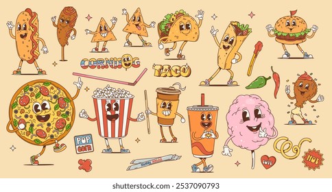 Fast food personagens de desenho animado retro groovy, hambúrgueres funky e pizza, personagens vetoriais. Taco groovy feliz com pipoca e cheeseburger, cachorro-quente e taco com café em 70s hippie ou hipster groovy arte