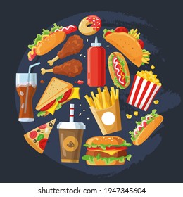 Fast food cartoon round symbol. Vector illustration takeaway food packaging flat design. Burger, hot dog, pizza, french fries, taco, donut, sandwich, popcorn and sauce icons. Background with food.