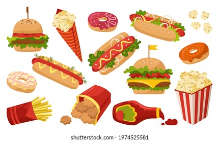 Fast food cartoon set. Donut hot dog, hamburger, potato, nuggets ketchup and popcorn collection. Menu card delicious fast food icons. Cheeseburger, beverage tasty unhealthy lunch. Hand drawn vector