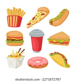 Fast Food Cartoon Set Illustration, Various Unhealthy Junk Food Elements