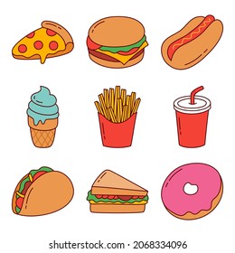 Fast food cartoon style illustration set