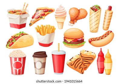 Fast food cartoon vector icon set. Crepes, hamburger, wok noodles, hot dog, shawarma, pizza and others for takeaway cafe design. Illustration of street food.