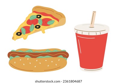 Fast food cartoon vector icon set. Pizza, hot dog, cola. Fast street food lunch or breakfast meal set. Traditional takeaway food in chain fast food cafes. Vector illustrations