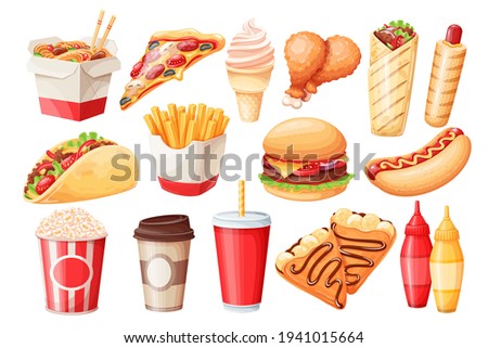Fast food cartoon vector icon set. Crepes, hamburger, wok noodles, hot dog, shawarma, pizza and others for takeaway cafe design. Illustration of street food.