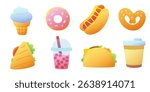 Fast food cartoon vector set. Textured street food clipart collection.