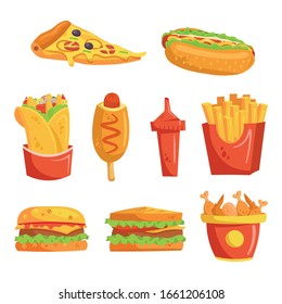 Fast food cartoon vector set. Pizza, hot dog, shawarma, corn dog, ketchup, french fries, burger, sandwich, chicken legs and wings.