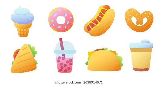 Fast food cartoon vector set. Textured street food clipart collection.