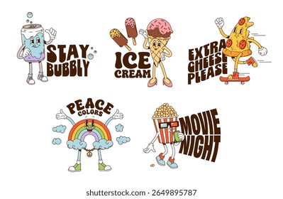 Fast food cartoon y2k groovy stickers. Playful retro snacks, rainbow, ice cream personages and typography slogans like stay bubbly, extra cheese please and movie night, evoking fun, nostalgic 70s vibe