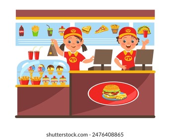 Fast food cash register workers. Boy and girl in uniform serve customers at cafe. Bistro staff. Little cashiers selling hamburger and ice cream. Takeaway lunch. Splendid