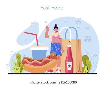 Fast food catering. Hamburger, shawarma, hot dogs. Fast food worker preparing tasty junk food. Food delivery service. Flat illustration
