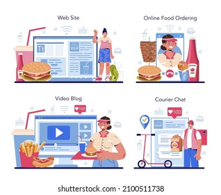 Fast food catering online service or platform set. Hamburger, shawarma, hot dogs. Fast food worker preparing tasty junk food. Online food ordering, courier chat, video blog, website. Flat illustration
