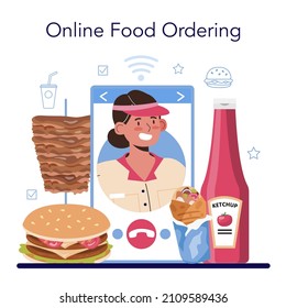 Fast food catering online service or platform. Hamburger, shawarma, hot dogs. Fast food worker preparing tasty junk food. Online food ordering. Flat illustration