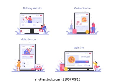 Fast food catering online service or platform set. Hamburger, shawarma, hot dogs and pizza restaurant. Fast food worker preparing tasty junk food. Delivery, website, video lesson. Flat illustration