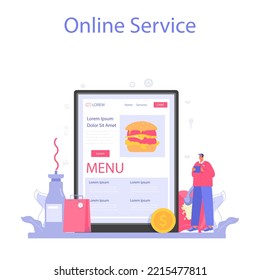 Fast food catering online service or platform. Hamburger, shawarma, hot dogs and pizza restaurant. Fast food worker preparing tasty junk food. Flat illustration