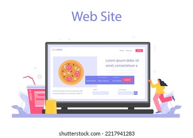 Fast food catering online service or platform. Hamburger, shawarma, hot dogs and pizza restaurant. Fast food worker preparing tasty junk food. Website. Flat illustration