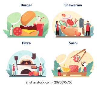 Fast food catering set. Hamburger, shawarma, pizza and sushi. Collection of man and woman in apron preparing tasty junk food. Flat illustration