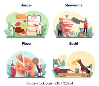 Fast food catering set. Hamburger, shawarma, pizza and sushi. Collection of man and woman in apron preparing tasty junk food. Flat illustration
