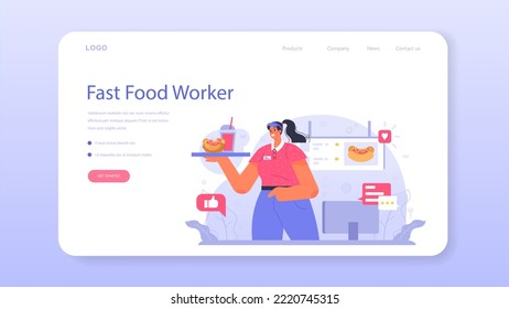 Fast food catering web banner or landing page. Hot dogs restaurant. Fast food worker preparing tasty junk food. Food delivery service. Flat illustration