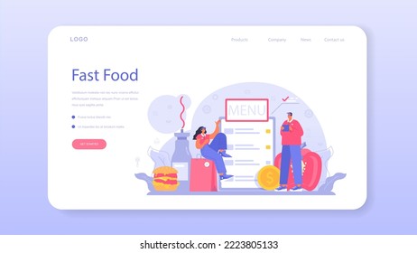 Fast food catering web banner or landing page. Hamburger restaurant. Fast food worker preparing tasty junk food. Food delivery service. Flat illustration