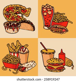 Fast food chain menu 4 flat icons composition of taco hotdog and hamburger abstract isolated vector illustration