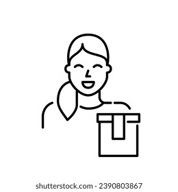 Fast food chain worker with take away paper bag. Pixel perfect, editable stroke