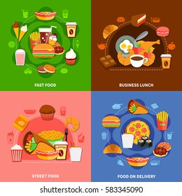 Fast food chains service  4 flat icons square with online orders and business lunch isolated vector illustration 