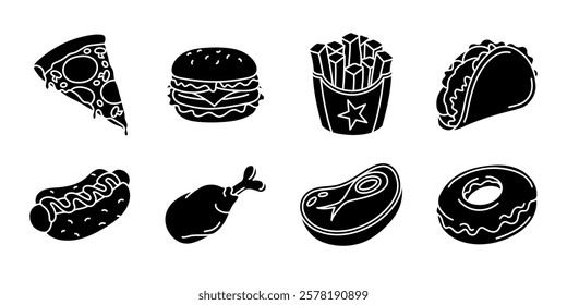 Fast food chalk drawing illustration collection. Fast food black silhouette icon set. Hamburger, pizza, hot dog, taco, french fries and crispy chicken symbol. Meat steak, burger and donut eatery menu.