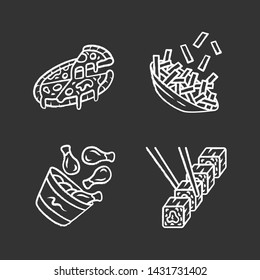 Fast food chalk icons set. Pizza, french fries, chicken drumsticks, sushi. Italian, american and asian cuisine. Fat dishes. Restaurant, cafe menu. Isolated vector chalkboard illustrations