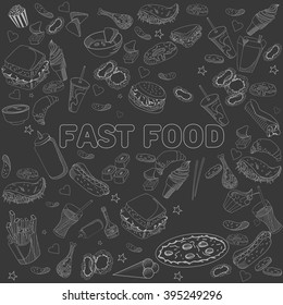 Fast food chalk seamless design vector line art. Hand drawn doodle design elements.