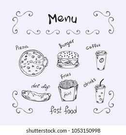 Fast food chalk sketch icons on blackboard. Snacks, drinks. Isolated vector  fries in box, pizza slice, soda coke, cheeseburger, hamburger, hot dog. Set of fast food. 