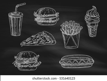 Fast food chalk sketch icons on blackboard. Snacks, desserts, drinks. Isolated vector french fries in box, pizza slice, soda coke, cheeseburger, hamburger, hot dog, ice cream cone