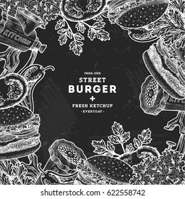 Fast food chalkboard design template. Linear graphic. Snack collection. Junk food. Engraved illustration. Vector illustration