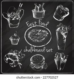 Fast Food Chalkboard Icons Set Of Pizza Noodles Chicken Sandwich Isolated Vector Illustration