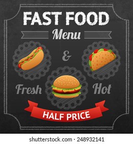 Fast food chalkboard poster with fresh and hot hotdog taco and hamburger vector illustration
