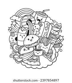 fast food character doodle art vector, fast food doodle