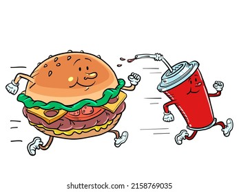 Fast food characters burger and cola drink run. Sports lifestyle and street food