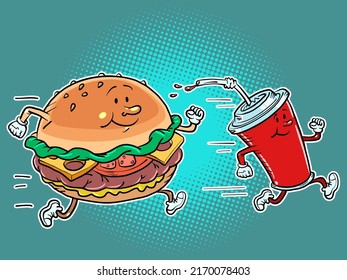 Fast food characters burger and cola drink run. Sports lifestyle and street food