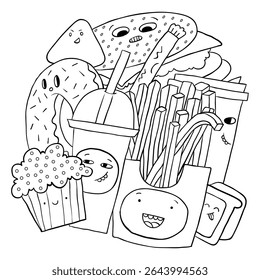 Fast food characters doodle illustration. Vector illustration