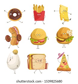 Fast food characters with faces, street snack with facial expressions, isolated icons vector. Donut and angry french fries, cheese and working out hot dog. Burgers and egg, sandwich and pizza