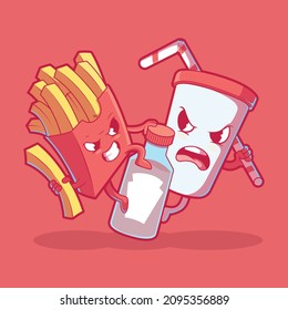 Fast food characters food fight vector illustration. Food, funny, brand design concept.