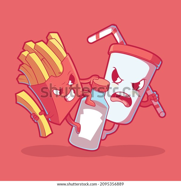 Fast food characters food fight vector\
illustration. Food, funny, brand design\
concept.