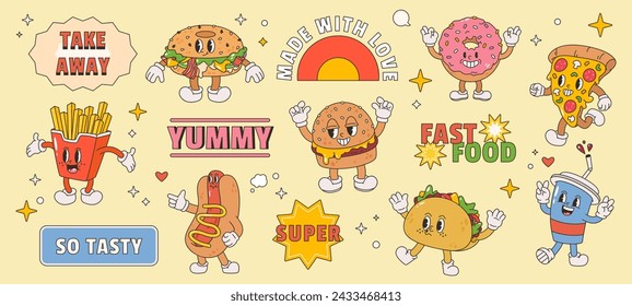 Fast food characters. Groovy delivery stickers and funny burger, hot dog and pizza slice. Retro style cartoon design for trendy restaurant or cafe snugly vector set