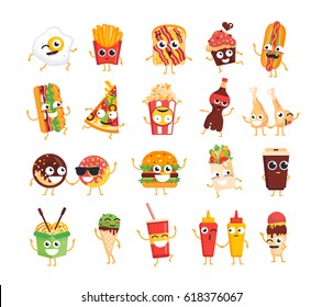 Fast Food Characters - modern vector mascot illustrations set. Ice cream, coffee, hot dog, pizza, chicken leg, egg, french fries, toast, burger, coke, popcorn, wok, donut, mustard, ketchup, soft drink