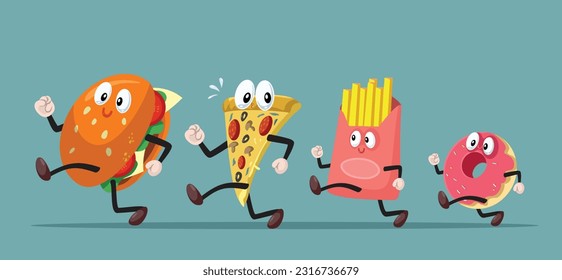 
Fast Food Characters Running Together Vector Cartoon Illustration. Meal delivery service concept funny drawing 
