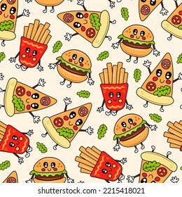 Fast food characters seamless pattern. Funny colorful seamless background with cute burger, pizza, french fries mascots with eyes, hands and smiles