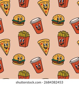 Caracteres de comida rápida sin patrón. Mascota de Antiguas. Pizza, hamburguesa divertida y hot dog. Bocadillo de patatas fritas. Textil, papel de regalo, Fondo de pantalla. Impresión para fondo aislado plano de dibujos animados de Vector de tela