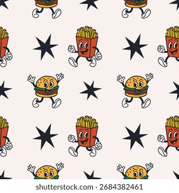 Fast-Food-Zeichen nahtloses Muster. Vintage Maskottchen. Burger und Pommes frites Snack. Textilien, Umhüllungspapier, Tapeten. Druck für Stoff, Vektorkarikatur, flach, einzeln auf Hintergrund