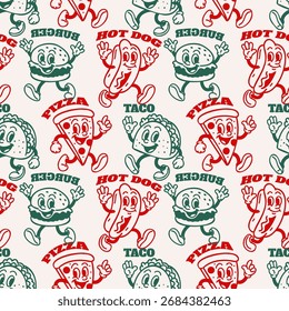 Fast food caracteres padrão sem costura. Mascote antigo. Pizza, hambúrguer engraçado e cachorro-quente. Batatas fritas lanche. Têxtil, papel de parede, papel de parede. Imprimir para tela vetor desenhos animados plano fundo isolado